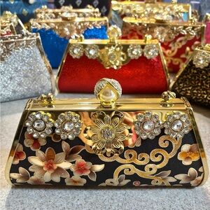 Gold and Black Floral Clutch with Crossbody chain strap